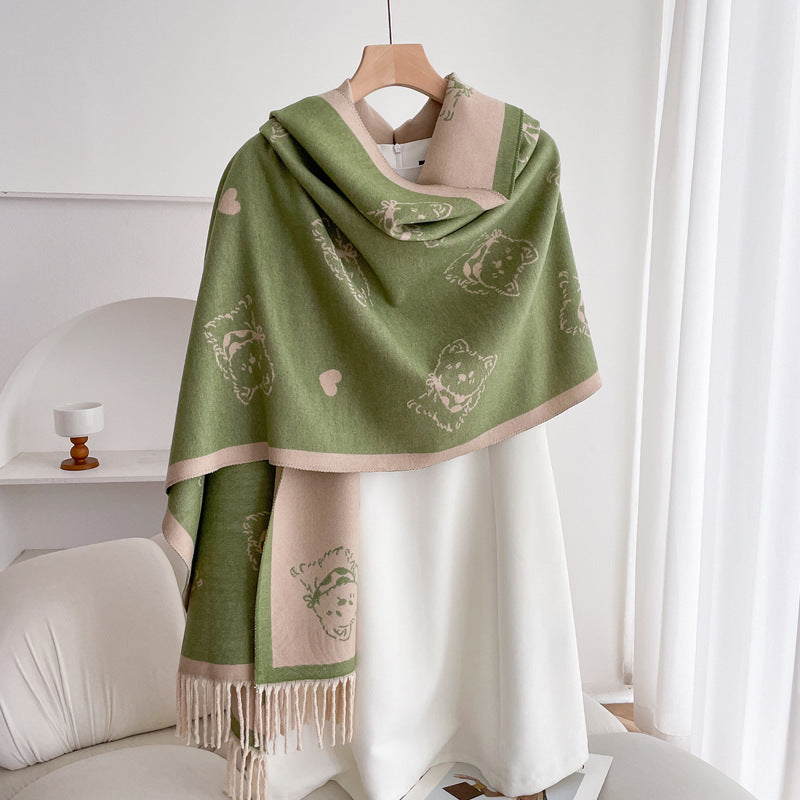 Warm Scarf Fashionable Outerwear Sweet Cute Double-sided Shawl Puppy Green Rice