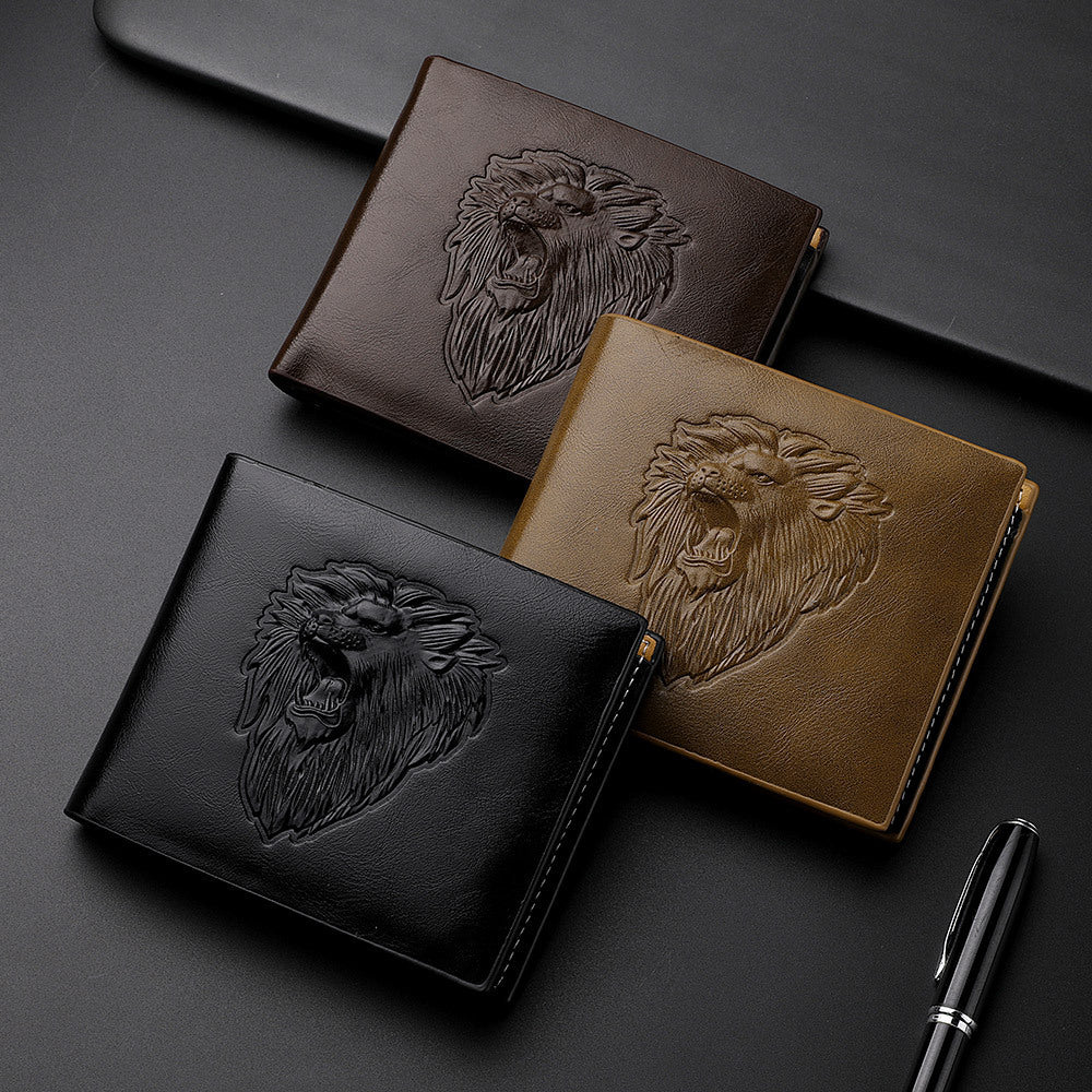 Men's Zipper Wallet Lion Embossed Pattern Animal