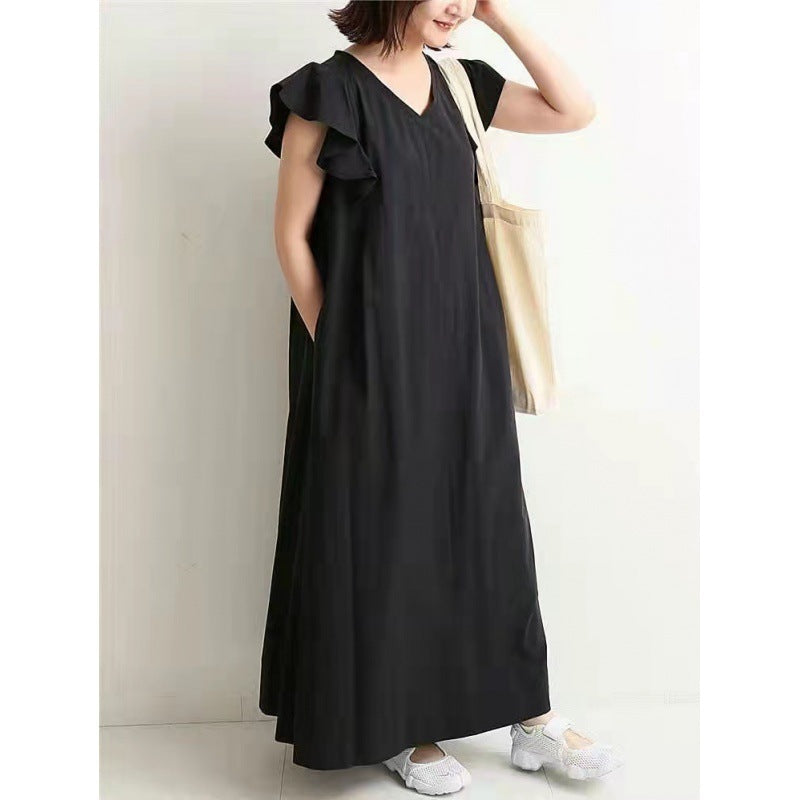 Ruffle Sleeve Dress Loose Slimming Dress Women Black Free Size