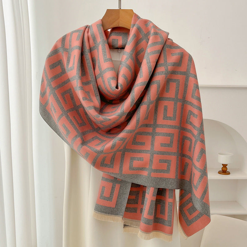 Retro High Sense Artificial Cashmere Scarf Maze Grid Gray Powder No Specifications