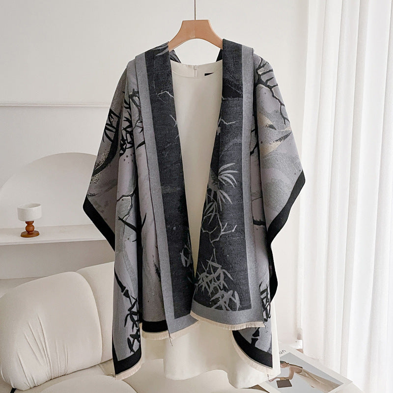 Warm Scarf Fashionable Outerwear Sweet Cute Double-sided Shawl Lucky Bamboo Black And Gray