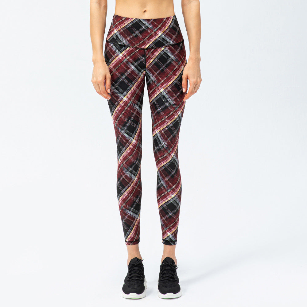 Women's Houndstooth Yoga Trousers Nude Feel High Waist Peach Hip Tight Running Exercise Pants Plaid Elements Volcanic Rock Red Lattice