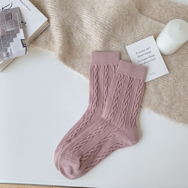 Women's Socks Japanese Style Knitting Twist Pink Free Size