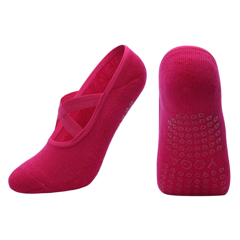 Non-slip Glue Women's Antibacterial Cotton Cross Strap Yoga Socks Q2 Rose Red 35to42