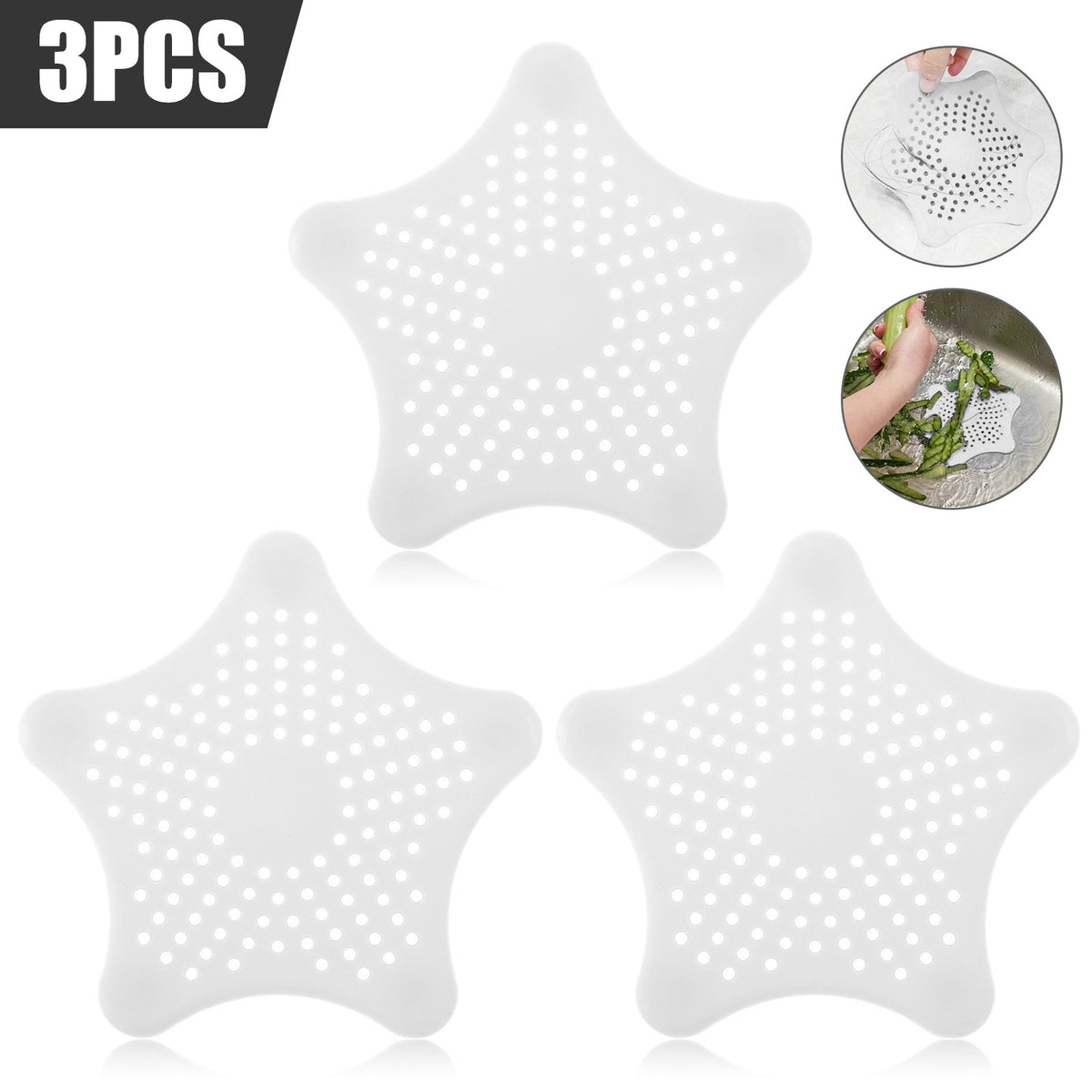 3PCS Silicone Starfish-shaped Sink Drain Filter Bathtub Hair Catcher Stopper Drain Hole Filter Strainer For Bathroom Kitchen Toilet White 3Pcs