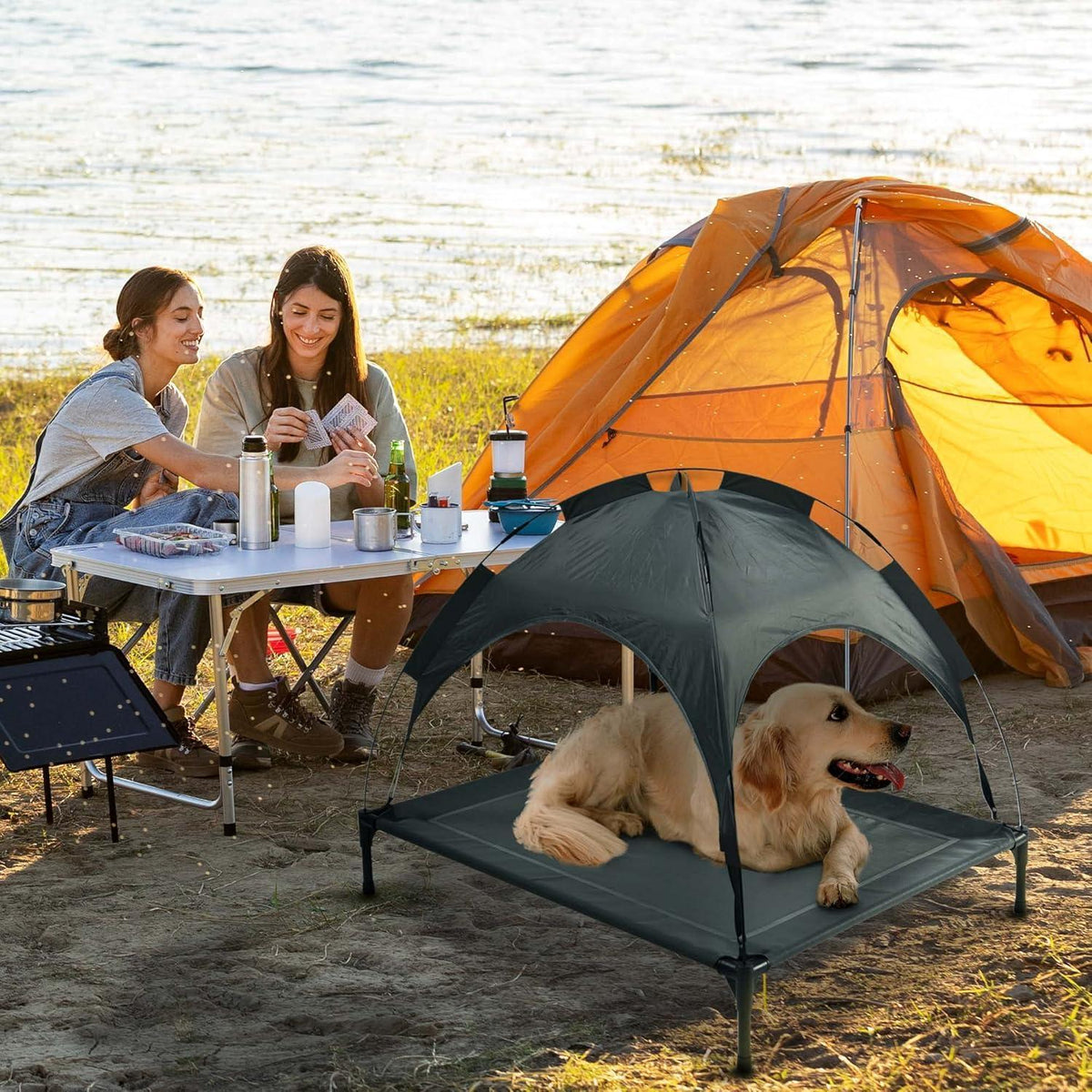 Outdoor Portable Grey Pet Dog Bed With Awning