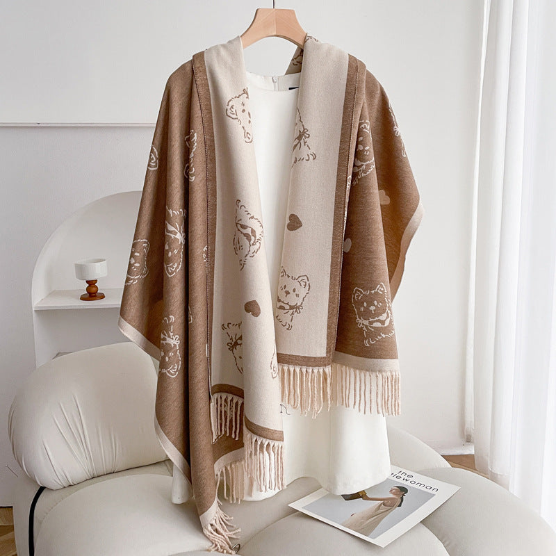 Warm Scarf Fashionable Outerwear Sweet Cute Double-sided Shawl Puppy Camel Rice