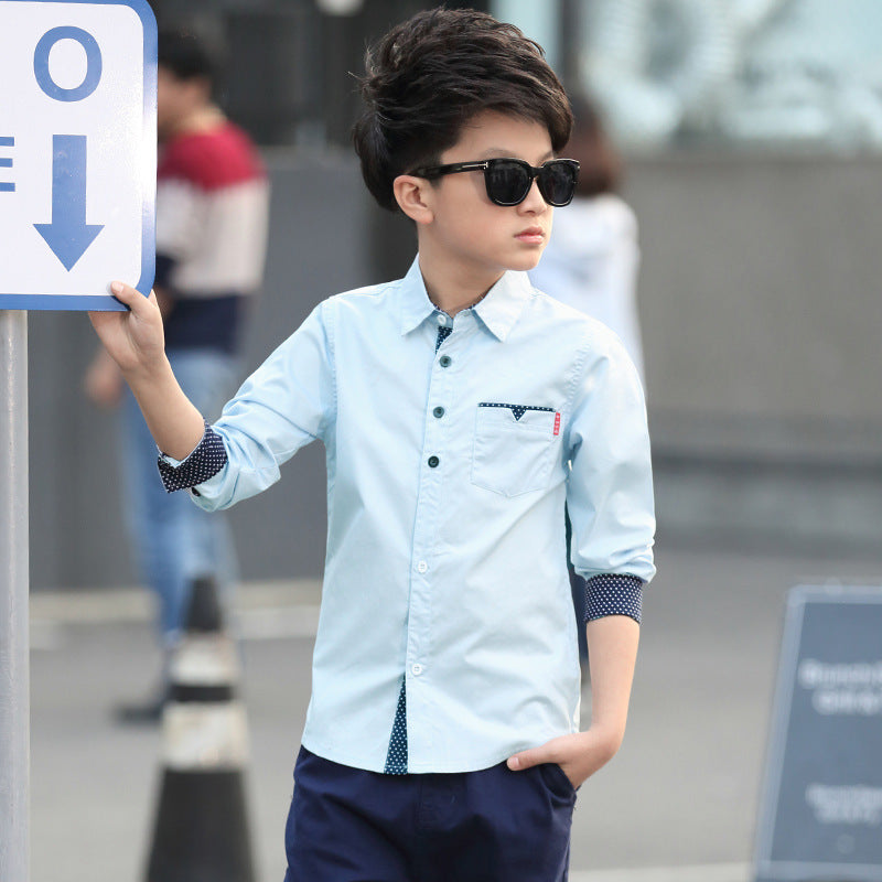 Student Spring And Autumn Trendy Fan Lapel Polka Dot Shirt Blue