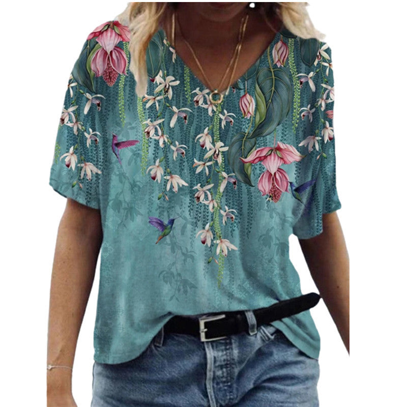 Butterfly Print Short Sleeve V-neck Ladies Loose A2