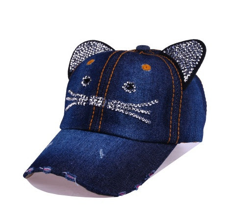 Spring And Summer Denim Baseball Cute Cat Ears Baseball Sunscreen Visor Baby Cat Hat Navy blue