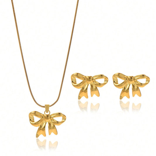 Lxalry 18K Gold Plated Bow Mirror Jewelry Set Hypoallergenic Skin Safe Necklace Earrings For Weddings Gifting, Never Fade Adjustable Luxury With Precision-Cast Ribbon
