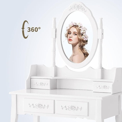 Vanity Table Set With 4 Drawer, Makeup Dressing Table W Cushioned Stool, Girls Women Bedroom Furniture Set Oval Mirror