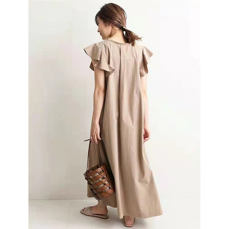 Ruffle Sleeve Dress Loose Slimming Dress Women Khaki Free Size