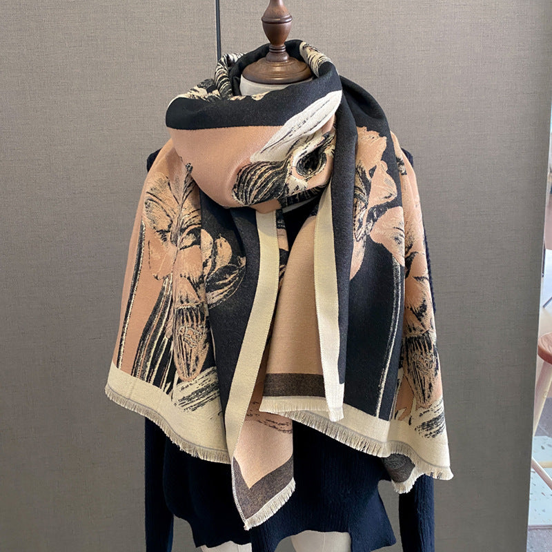 Cape Printing Pattern Tassel Air-conditioned Room Cape Blanket Autumn And Winter Khaki 65X185cm