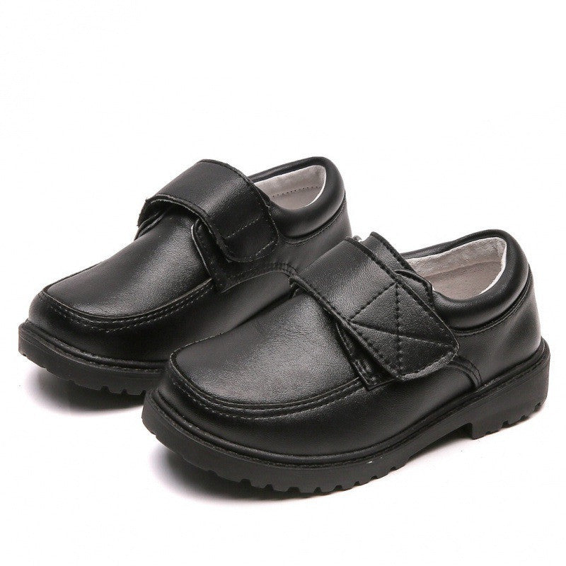 Boys Black Student Velcro British Leather Shoes Black