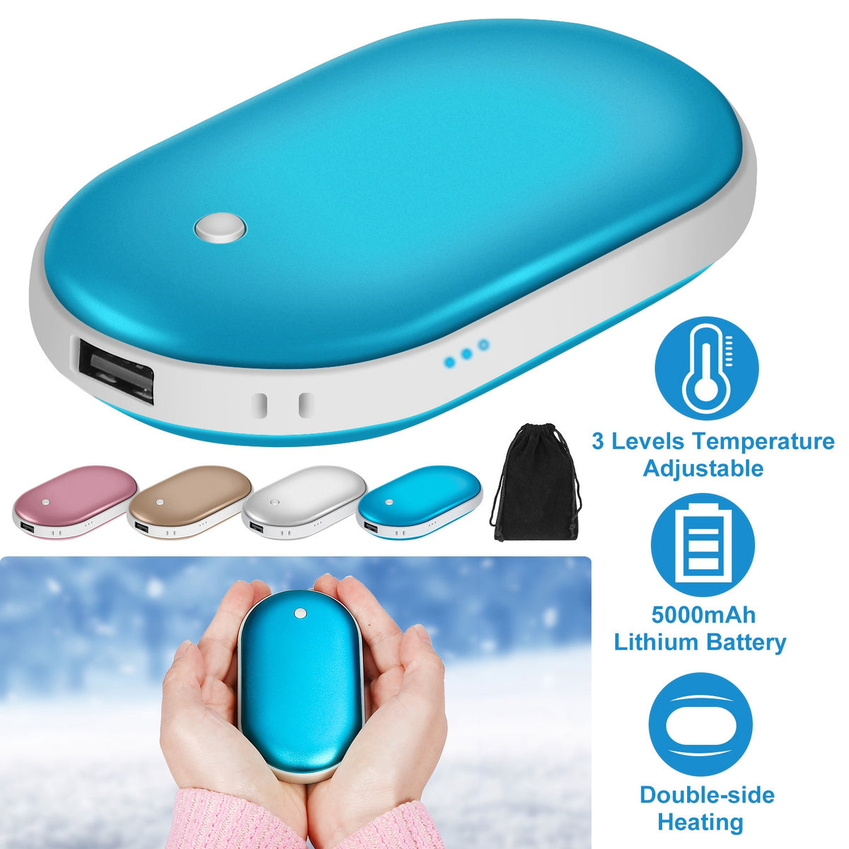 ROSELUXE Rechargeable Hand Warmer & 5000mAh Power Bank - Double-Sided Heat, 3 Levels