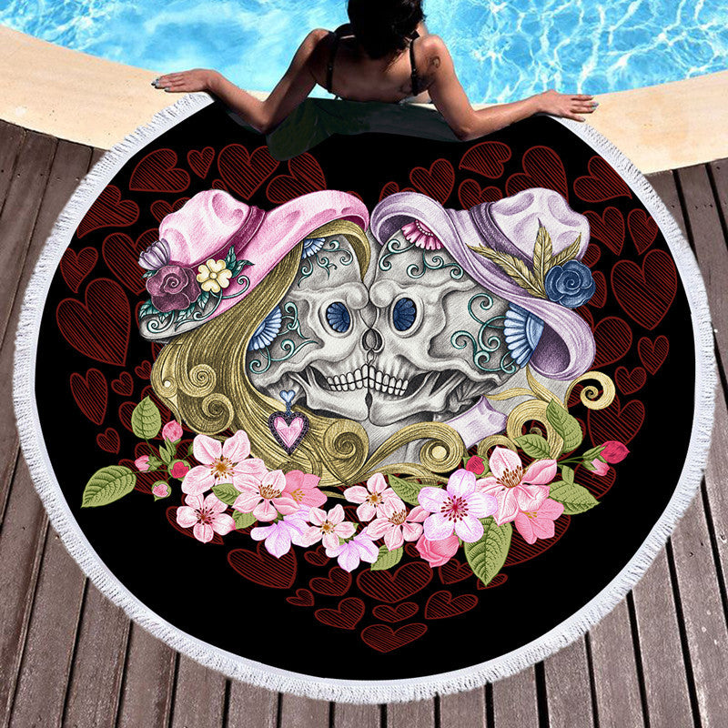 Scary Skull Round Beach Towel Fiber Picnic Mat B 150cmx150cm