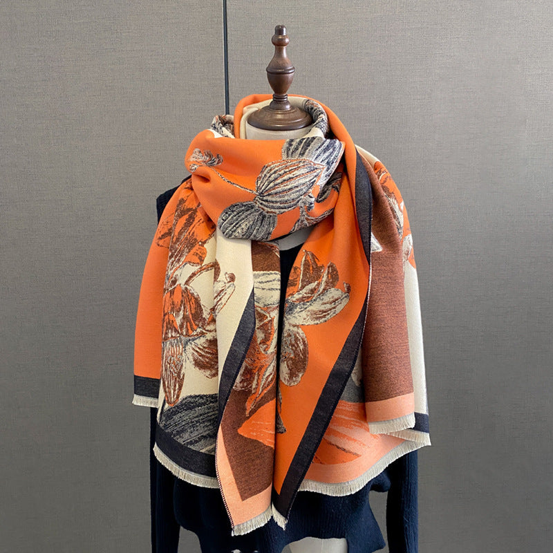 Cape Printing Pattern Tassel Air-conditioned Room Cape Blanket Autumn And Winter Orange 65X185cm