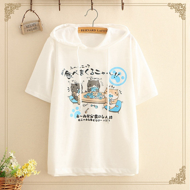 Cute Ladies Short Sleeve Hoodie Party Cat White One size