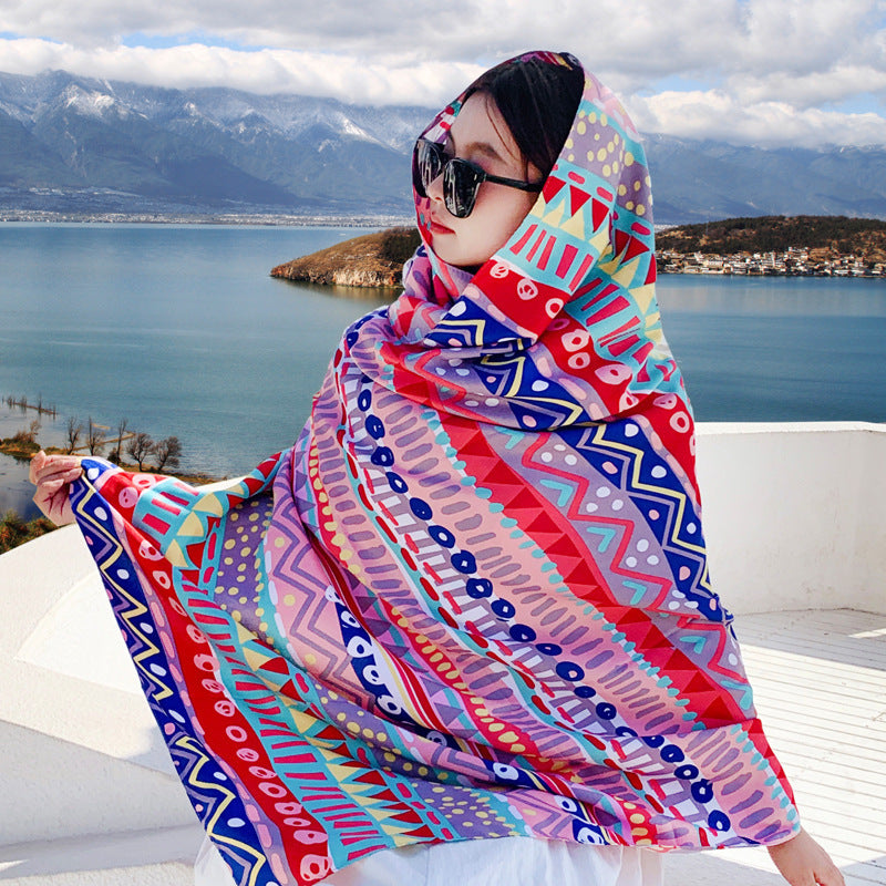 Women's Outer Scarf For Traveling In Western Sichuan Grassland Colorful Symbol Pattern Default