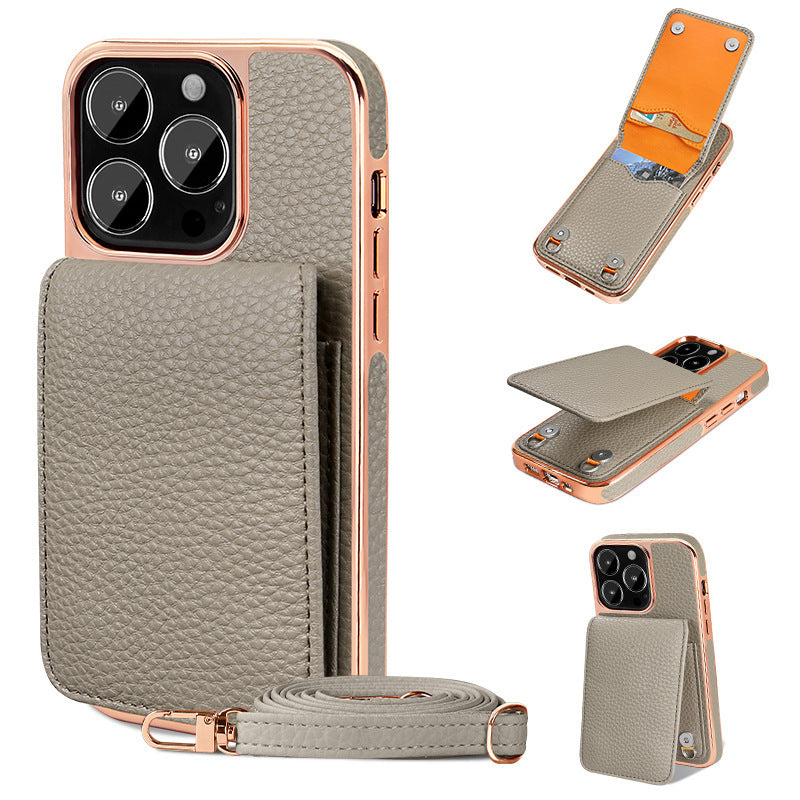 Litchi Pattern Wallet Lanyard Phone Case For 14 Grey