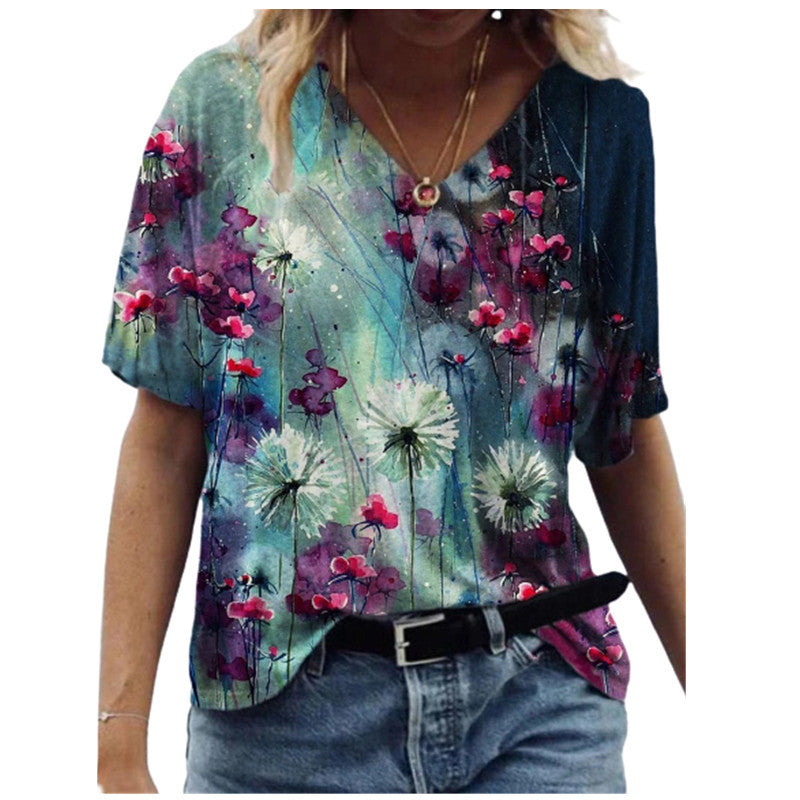 Butterfly Print Short Sleeve V-neck Ladies Loose A10