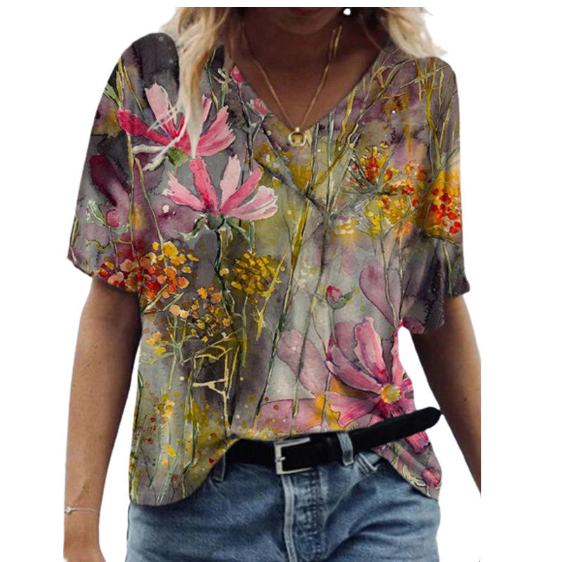Butterfly Print Short Sleeve V-neck Ladies Loose A6