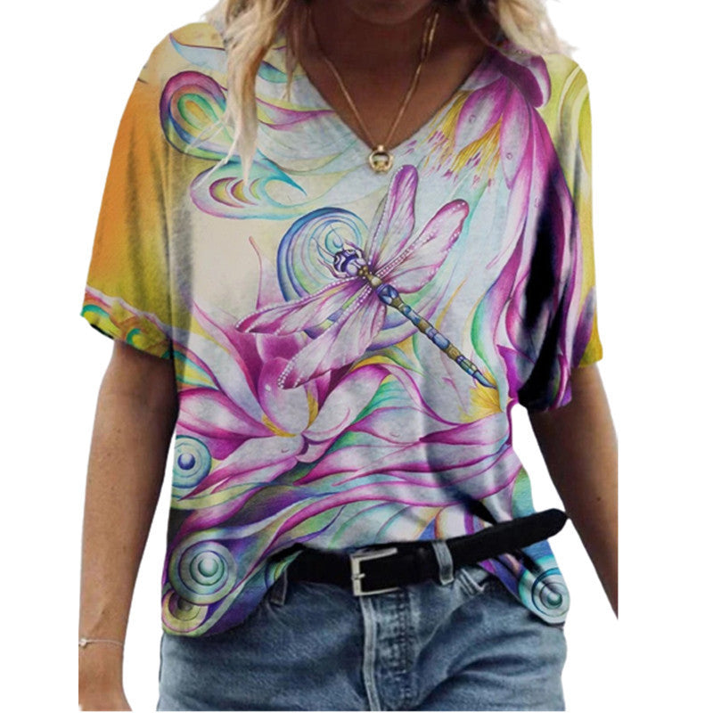Butterfly Print Short Sleeve V-neck Ladies Loose A4