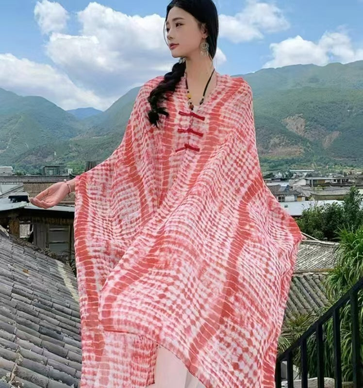 Popular Ethnic Style Shawl Summer Travel Wear Retro Buckle Sun Protection Coat Red Pattern 180X90cm