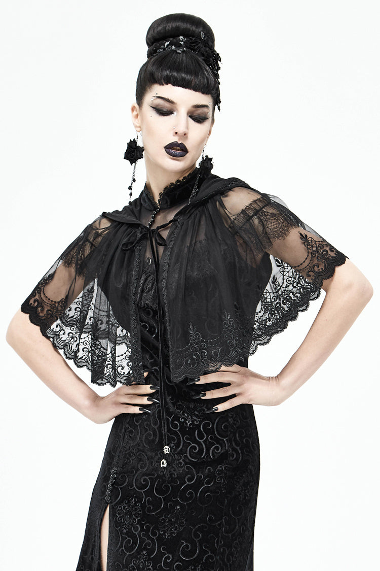 Devil Fashion Women's Wear Dark Lace Mesh Hooded Cloak