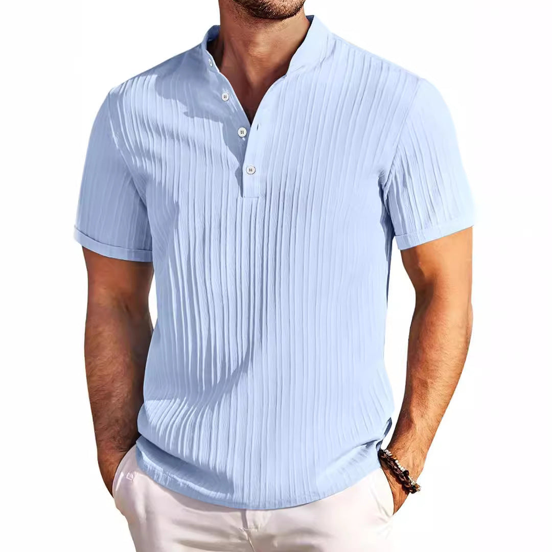 New Men's Retro Cotton And Linen Stripes Loose Shirt Light Blue