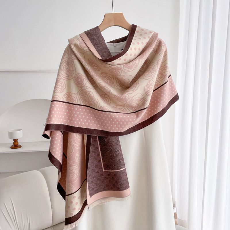 Warm Scarf Fashionable Outerwear Sweet Cute Double-sided Shawl Polka Dot Camellia Coffee Pink