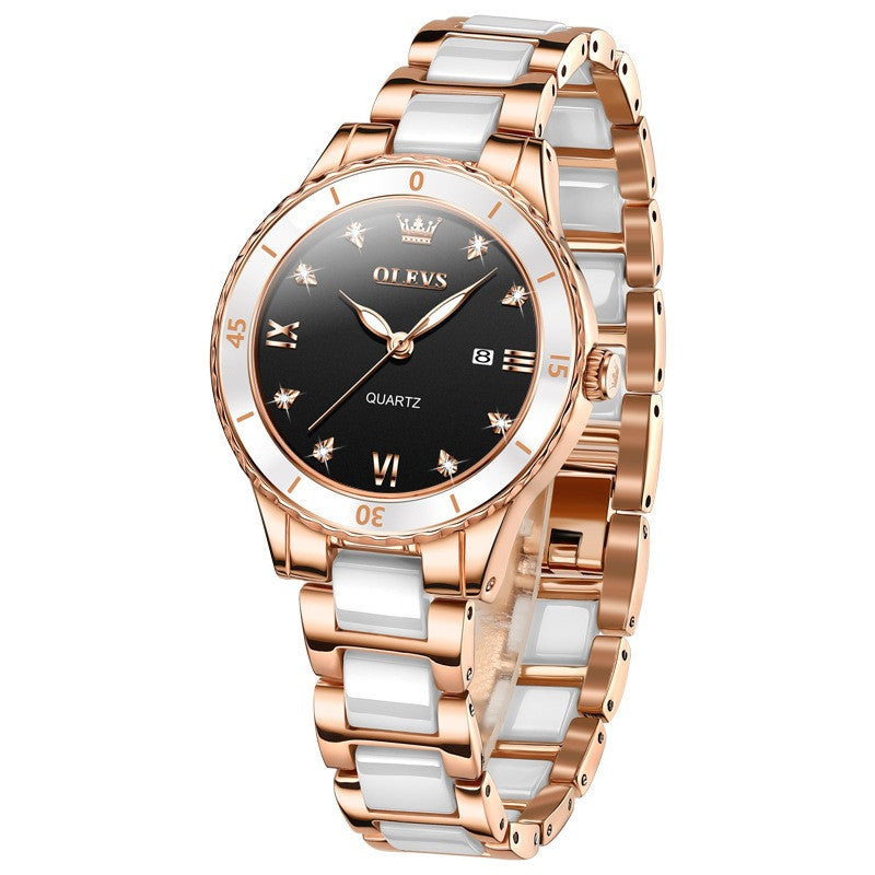 Quartz Watch Electronic Ceramic Women's Watch Women's Watch Li 9985 Steel Belt Rose Black