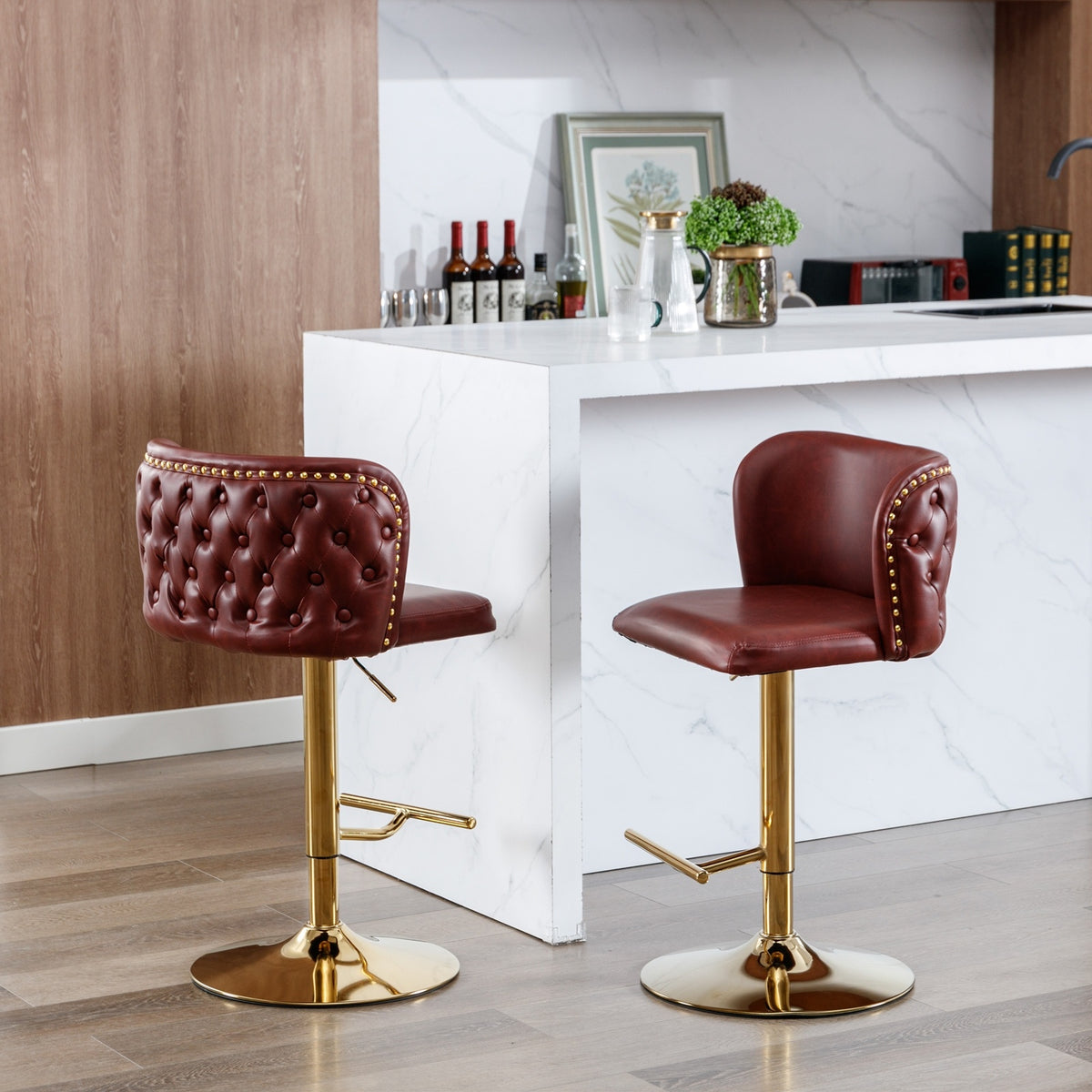 A A Furniture Swivel Barstools Adjustable Height, Modern PU Upholstered Stools Burgundy