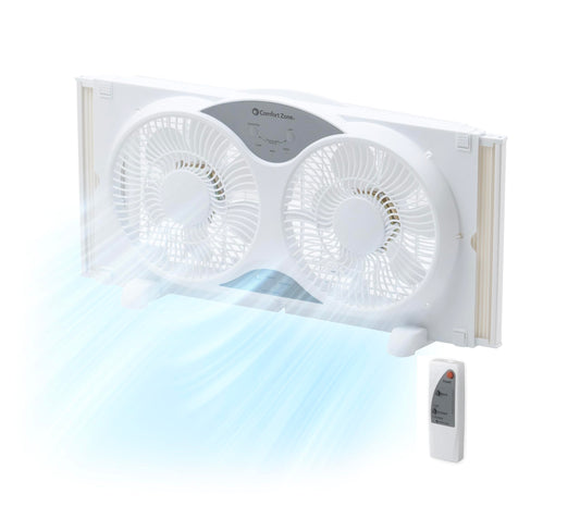 Comfort Zone Window Fan for Bedroom, 9 inch 3 Speed Dual Fans with Auto-Locking Expanders, 3 Modes (Cool, Circulate, Exhaust), Remote Control, Fabric Cover plus Bug Screen, White
