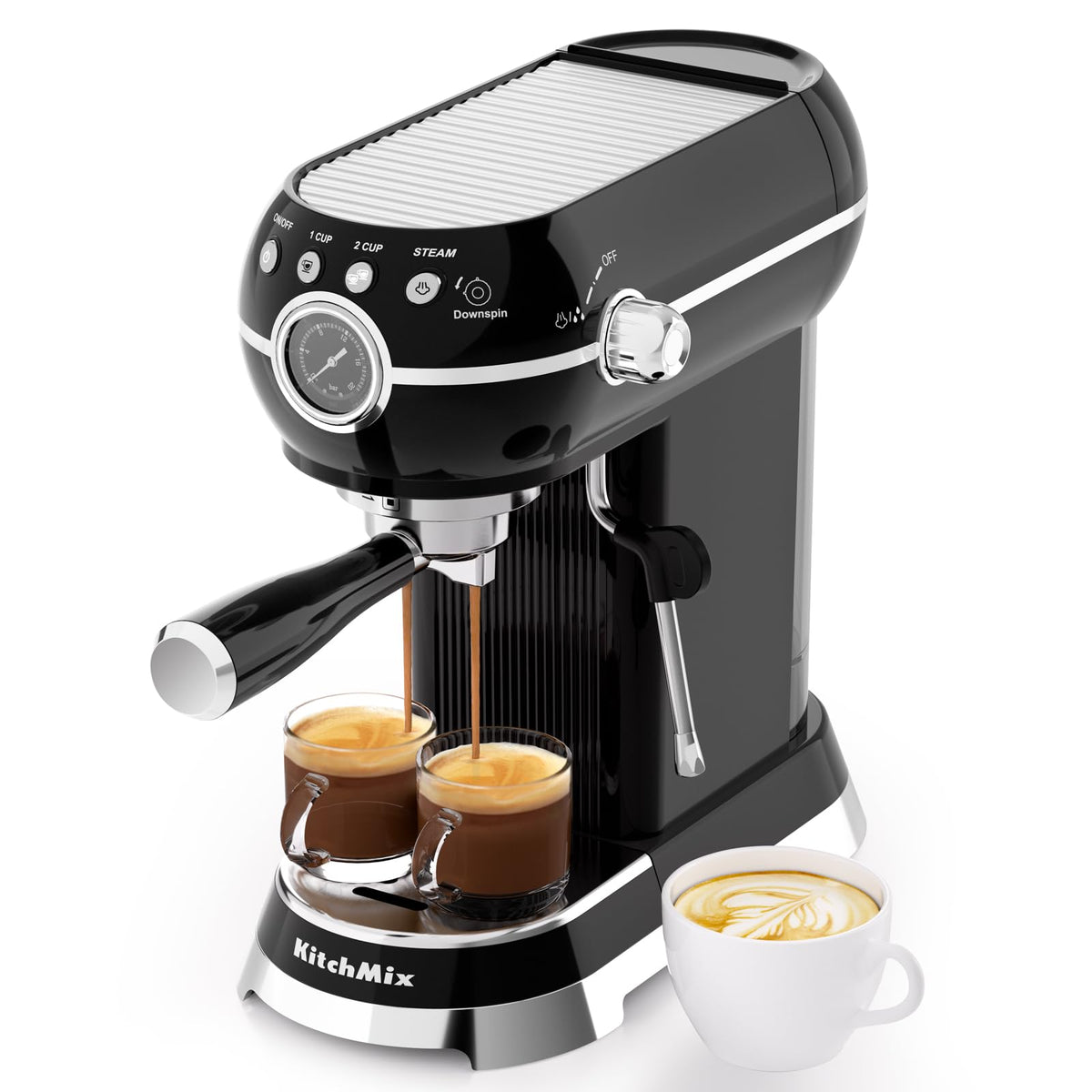 KITCHMIX Espresso Machine with Milk Frother, 20 Bar Espresso Maker for Latte and Cappuccino, Expressions Coffee Machine with Removable Water Tank (Black)