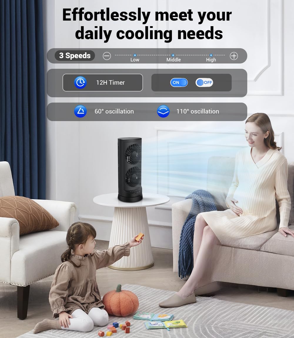 Personal Tower Cooling Fans that Blow Cold Air, Standing Small Desk Fan with 3 Speeds & Timer, 60° & 110° Oscillating Table Fan, Quiet and Safe Electric Floor Fan for Bedroom, Bedside, Home, Office