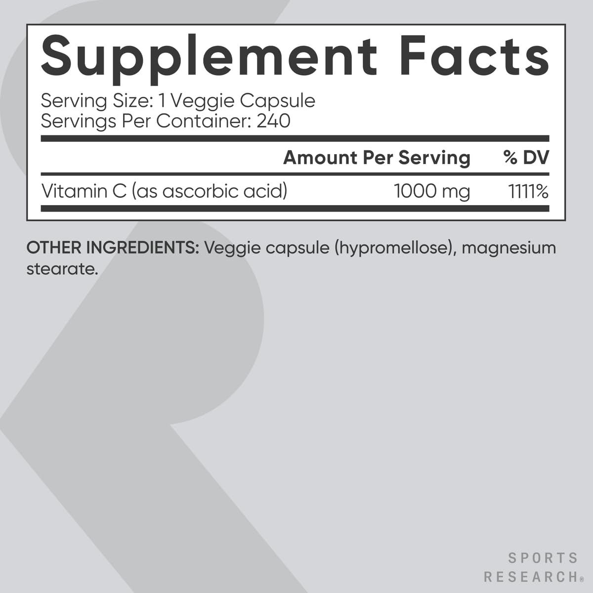 Sports Research Vitamin C 1000mg - Non-GMO Project Verified Ascorbic Acid Vitamin C Supplement for Immune Support & Antioxidant Protection | Vegan Friendly, 8 Month Supply (240 Count)