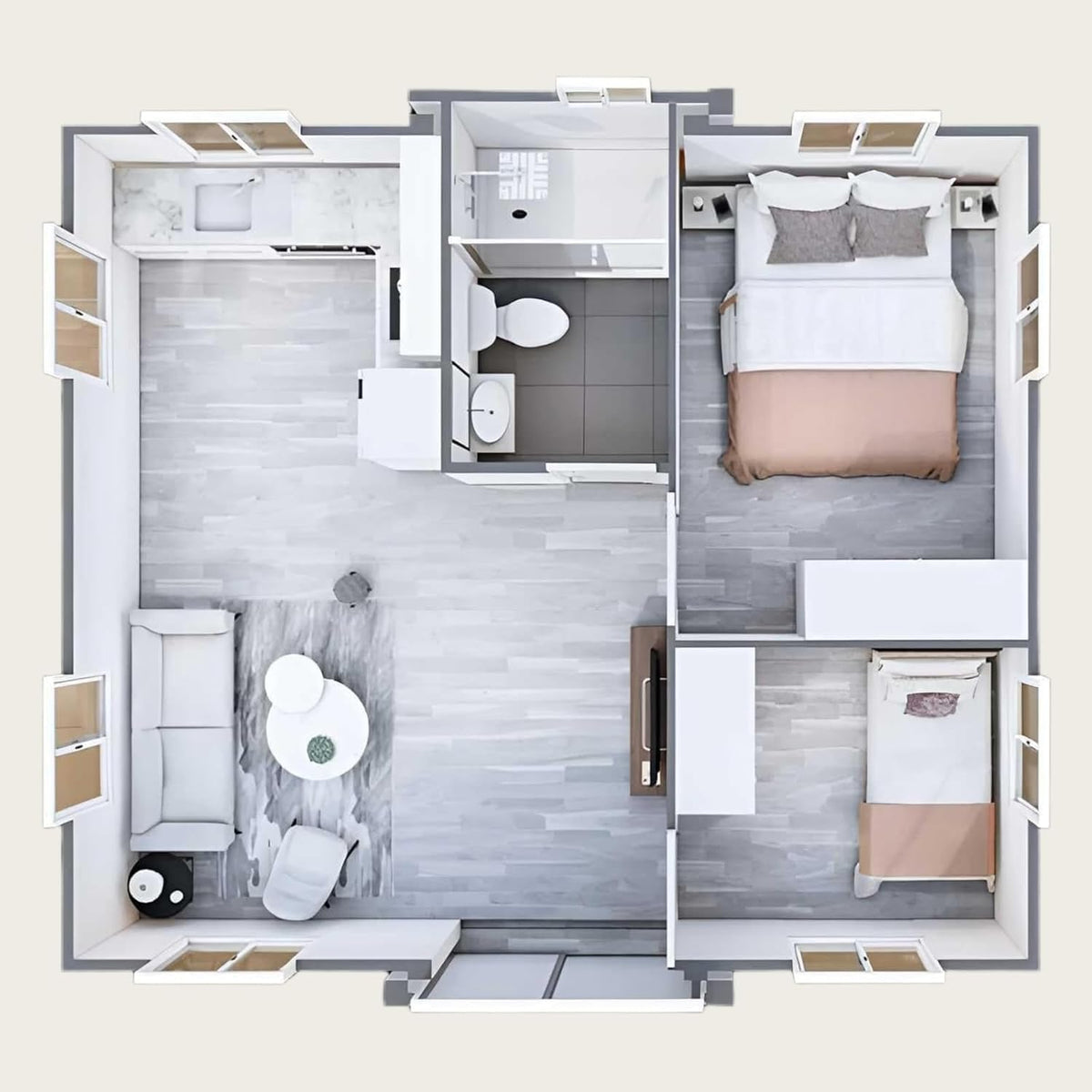 Portable Prefabricated Tiny Home for Sale, 19x20FT Prefab Modular Home with 2 Bedrooms, 1 Equipped Full Bathroom & Kitchen, Expandable Container House to Live in for Adults