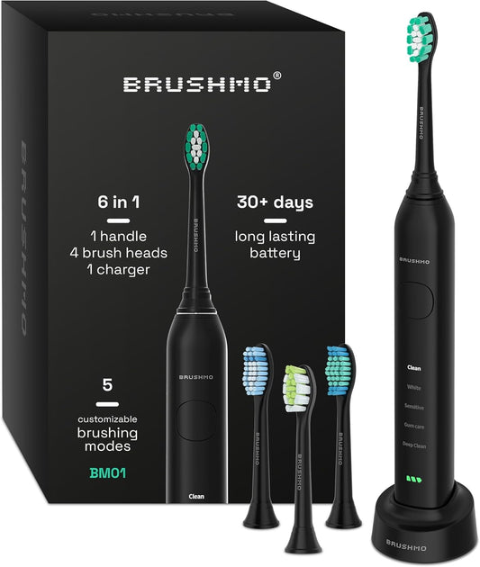 Brushmo Super Sonic Electric Toothbrush with 4 Replacement Heads - Rechargeable Electronic Tooth Brush for Adults with 5 Customizable Modes - IPX7 Waterproof & Long-Lasting Battery - Black