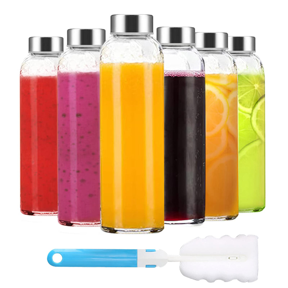 Luxfuel Clear Glass Bottles with Lids 18 oz, Reusable Glass Water Bottles with Stainless Steel Cap for Juicing, Refrigerator,100% Leak Proof, BPA Free, Set of 6