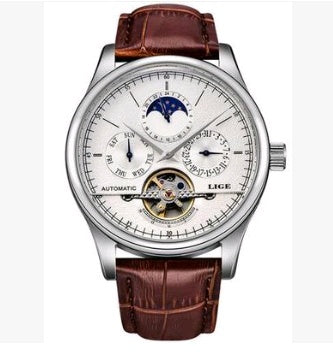 Men's automatic mechanical watch men's watch leather belt waterproof multi-function sports watch tourbillon watch Belt silver white