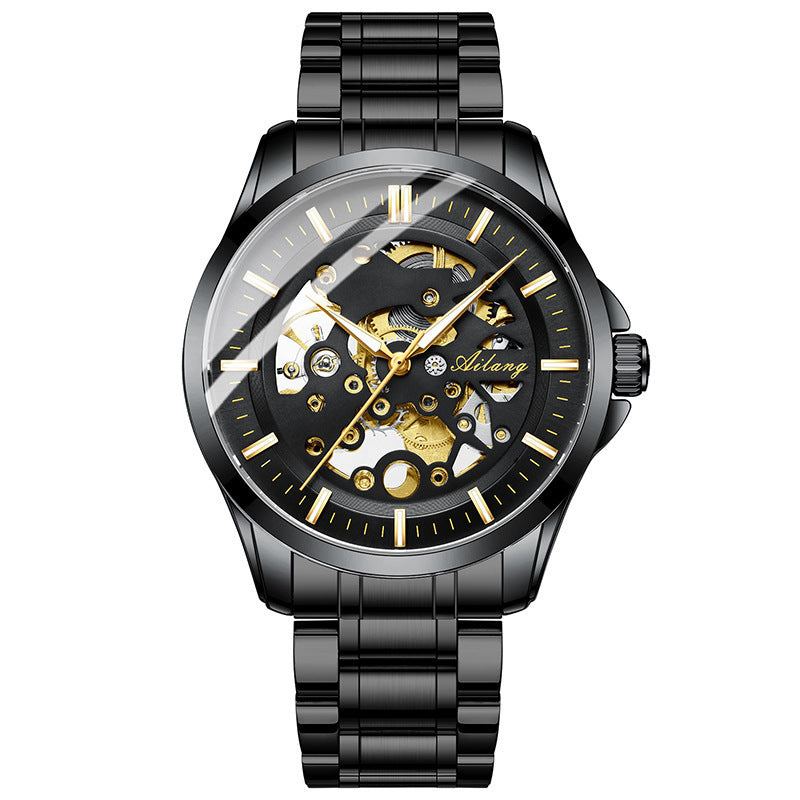 Automatic Mechanical Watch Hollow Watch Waterproof Black steel belt