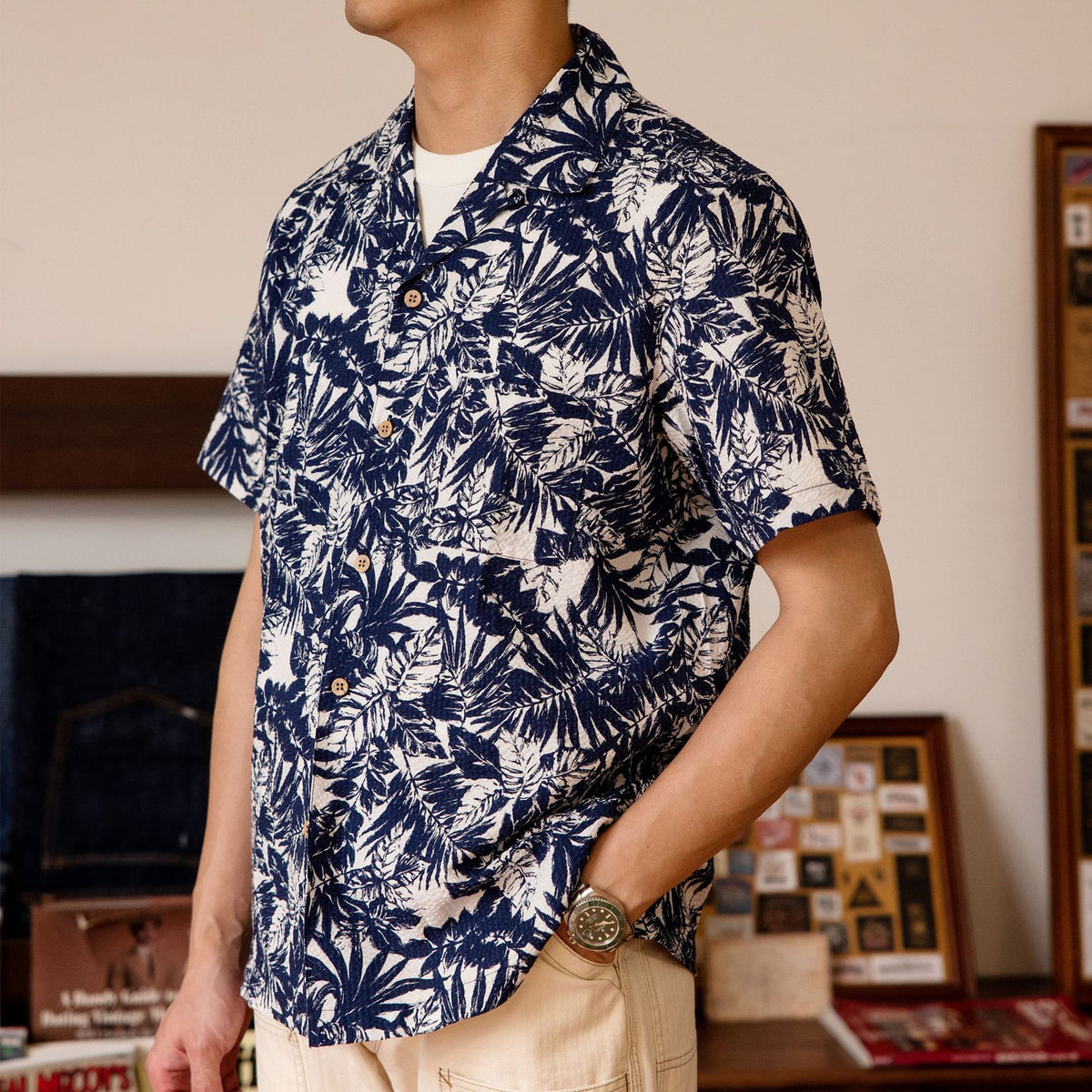Vintage Printed Seersucker Cuban Collar Shirt