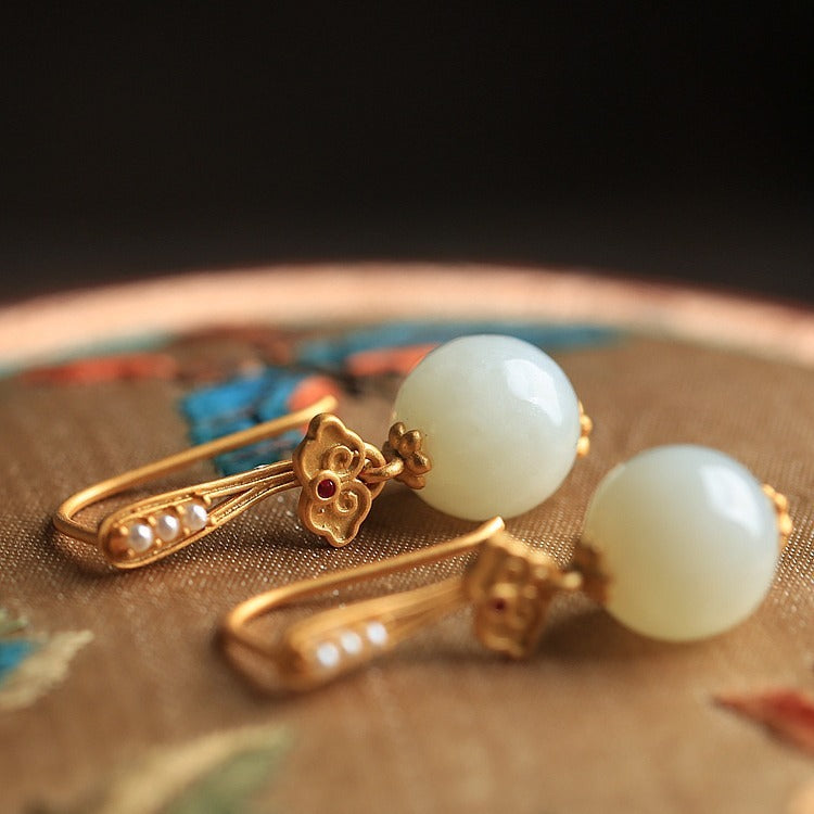 High-grade Ruyi Sterling Silver Ancient Gold Inlaid Hetian Vintage Earrings