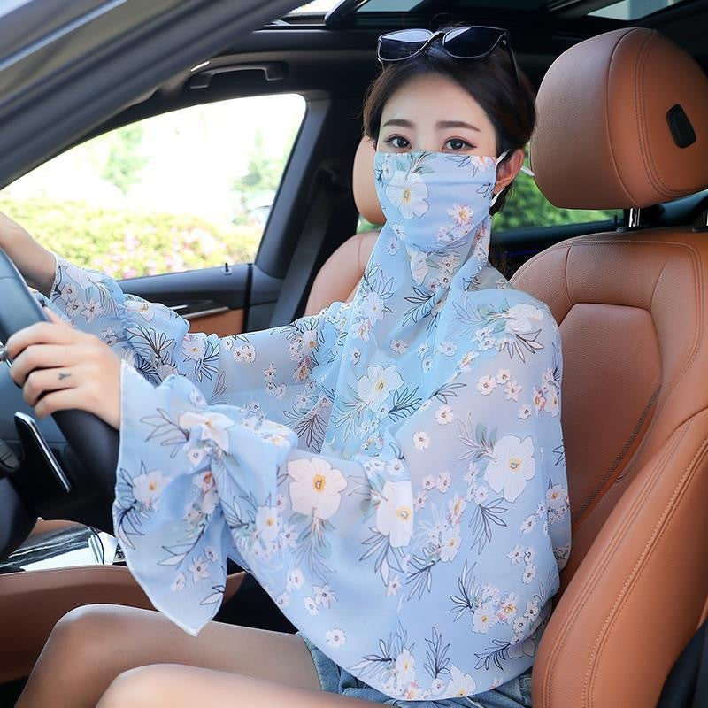 Women's Minimalist Face Mask And Neck Protection Integrated Sunscreen Clothing Cherry On Blue Background