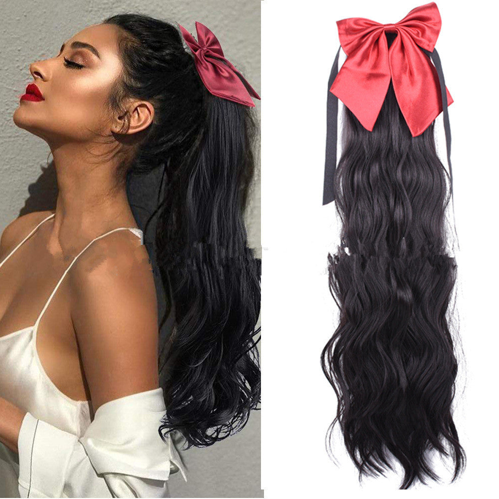 Red Bow Ponytail Wig Women''s Long Hair Ribbon Wig Ponytail Black