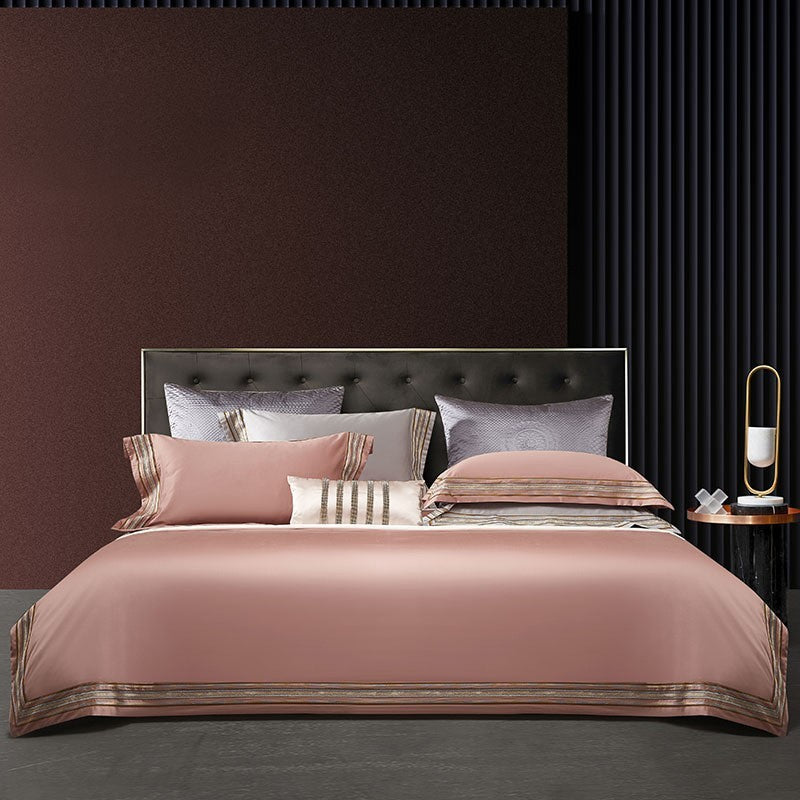 Light Luxury Solid 140 Thread Count Embroidery Solid Four Piece Bedding Set Bean Paste