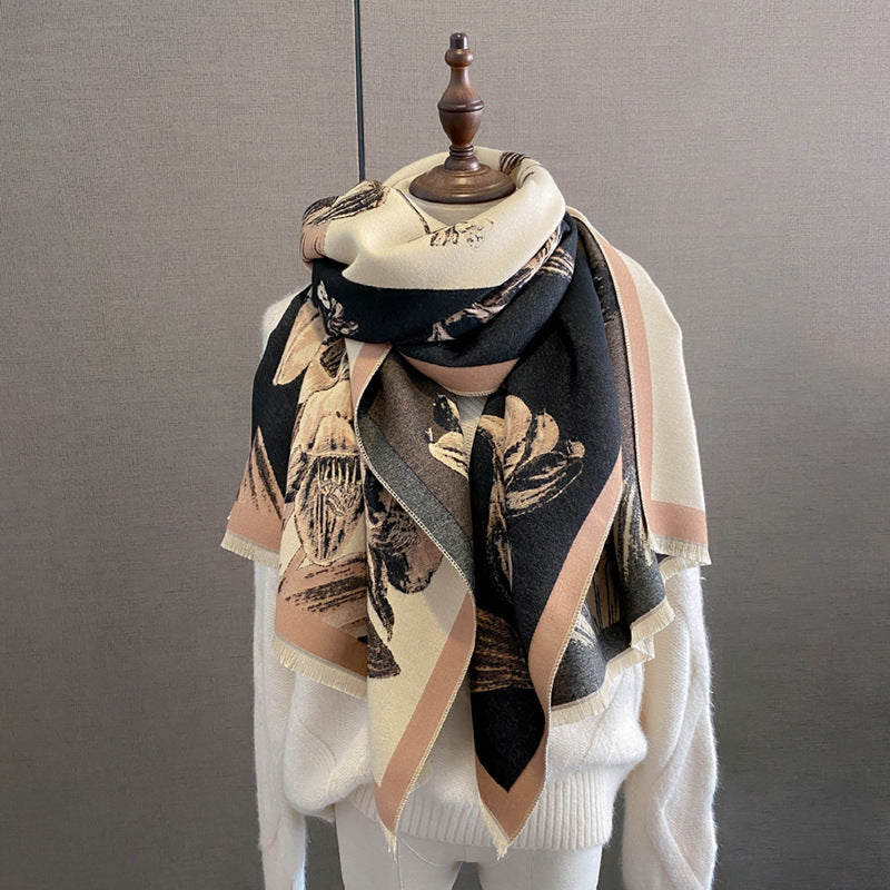 Cape Printing Pattern Tassel Air-conditioned Room Cape Blanket Autumn And Winter Beige Black 65X185cm