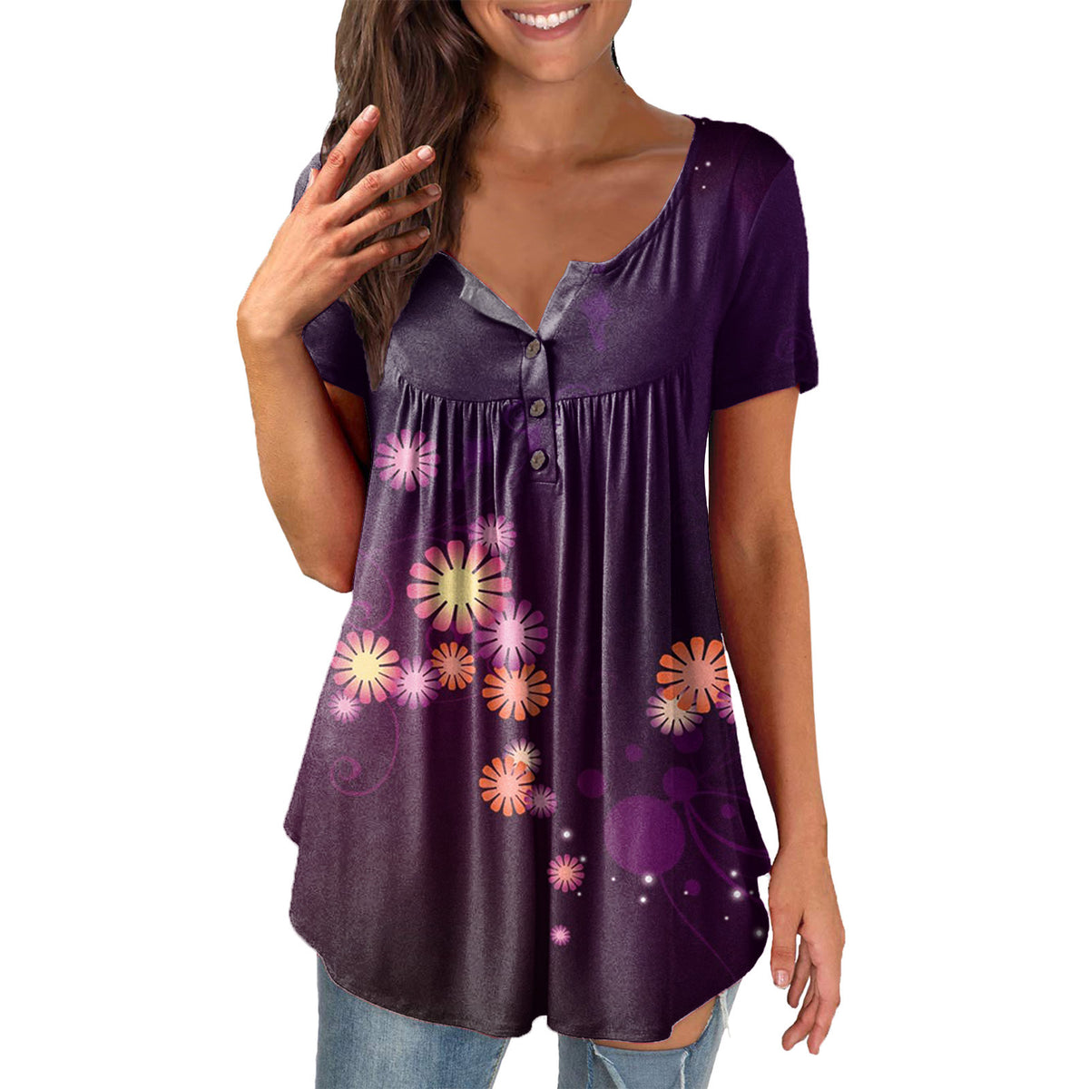 Ladies' Printed Ruffled Pullover Short Sleeve 5COLOR